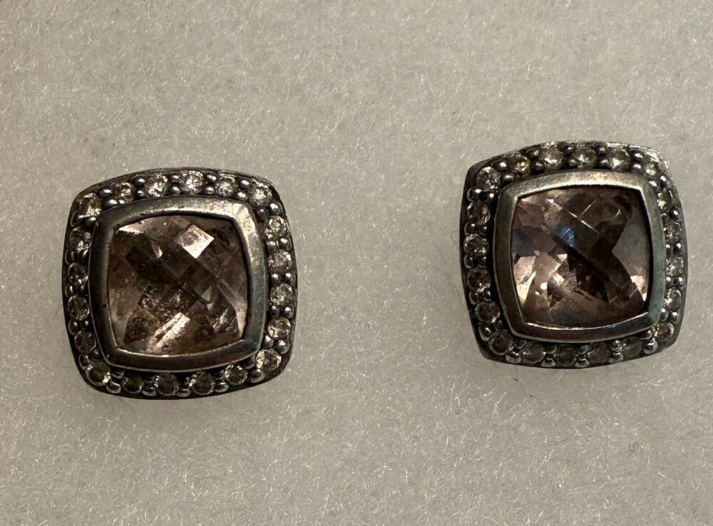 Auth David Yurman Sterling Silver 11mm Albion Smoky Quartz Diamond Stud Earrings